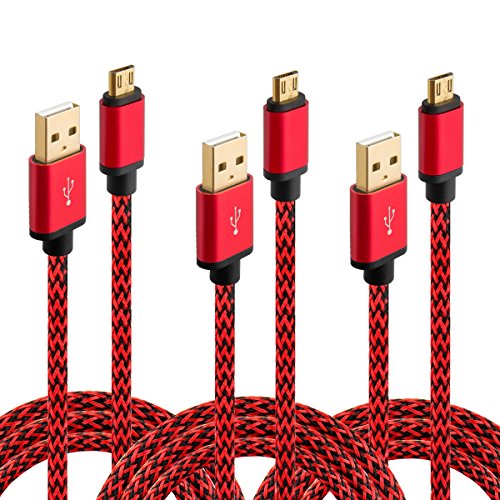 Micro USB Cable, HI-CABLE Fast+ 3 pack 6ft Quick Speed Braided Long Charging Cord For Samsung Galaxy S7 S6 Edge Plus, Note 4/ 5,S4 S5 Active, Tab A S/ S2 Pro, PS3/ 4, Android Phone Gold-Plated (Red)