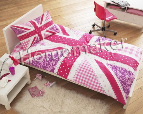 GIRLS PINK UNION JACK SINGLE DUVET COVER SET