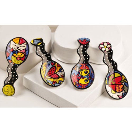New Romero Britto Spoon Rest Cat Heart Fish Apple Art !