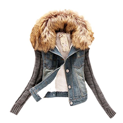 Soly Tech Winter Warm Lady's Slim Fur Collar Cotton Coat Jeans Tops Short Denim Jacket New