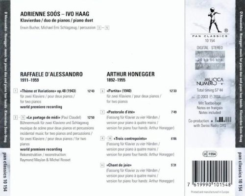 Produkt-Bild: Raffaele d'Allesandro: Th&egrave;me et Variations op. 48 & Le partage de midi / Arthur Honegger: Partita / Pastorale d'&eacute;t&eacute; / Trois contrepoints / Chant de joie