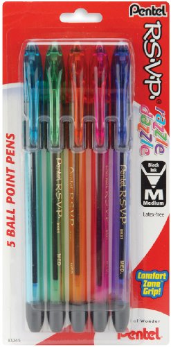 Pentel R.S.V.P. Razzle-Dazzle Ballpoint Pen, Medium Line, Black Ink, 5 Pack  (BK91RDBP5M)