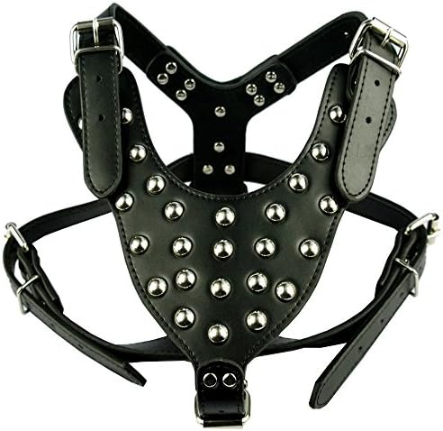 Blcak Leather Medium & Large Dog Harness Studdedwith Mushroom Nails Fit Husky Pitbull Boxer Neck for 17.5-23.5" Chest for 26-34"