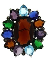 Sterling Silver Marcasite Large Flower Brooch Pin w/ Oval & Pear Cut Multi Color Stones, 1 9/16 in. (40mm)