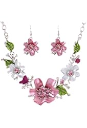 Leegoal Women Plated Oil Drip Rhinestone Flower Bib Necklace Earring Sets