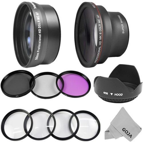Professional Lens Kit for CANON Rebel (T3i T3 T2i T1i XT XTi XSi), CANON EOS (1100D 600D 550D 500D 450D 400D 350D 300D 60D) - Includes: 58mm .43x Super Wide Angle & 2.0x Telephoto High Definition Lenses + Filter Kit (UV, Polarizing, Fluorescent) + Macro Close-Up Filter Set (+1 +2 +4 +10) + Tulip Flower Lens Hood + Premium Goja Microfiber Cleaning Cloth