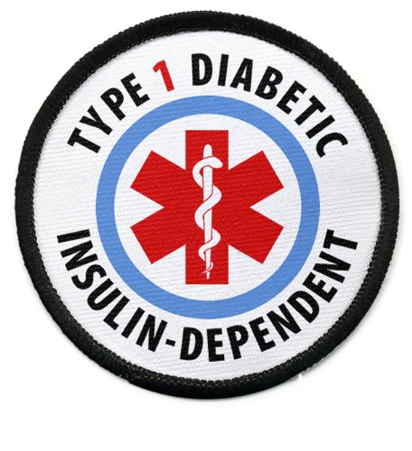 TYPE 1 DIABETIC Insulin Dependent Medical Alert 2.5 inch Black Rim Sew-on Patch with Velcro Back