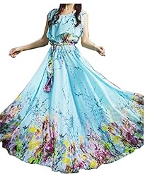 Floral Print Belted Stretchy Summer Chiffon Tunic/Maxi Dress 