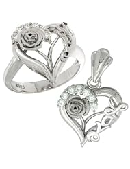 Sterling Silver LOVE Rose Heart Ring & Pendant Set CZ Stones Rhodium Finished