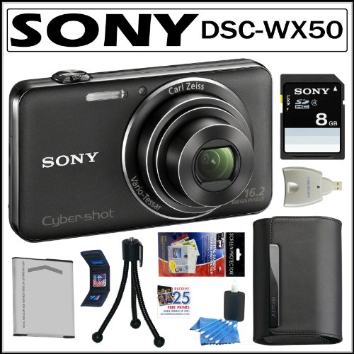 Sony Cyber-shot DSC-WX50 16.2MP Digital Camera with 5x Optical Zoom and 2.7-inch LCD in Black + Sony 8GB SDHC + Sony Case + Replacement Battery + Accessory Kit On Sale