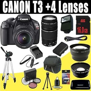 Canon EOS Rebel T3 12.2 MP CMOS Digital SLR Camera with EF-S 18-55mm f/3.5-5.6 IS II Zoom Lens & EF 75-300mm f/4-5.6 III Telephoto Zoom Lens + LPE10 Battery & Charger + Wide Angle Lens + Telephoto Lens + 16GB Deluxe Accessory Kit
