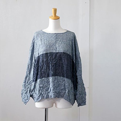 (イチ) ICHI ワッシャー加工　配色リネンニット長袖プルオーバー