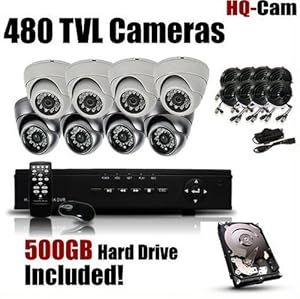 HQ-Cam® 8-Channel H.264 DVR Surveillance Security Package System with 8 x 480 TV Lines Indoor/Outdoor Day Night Vision Cameras For Home Security with Power Suplies and Cables, Pre-Installed 500GB HDD