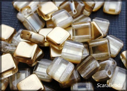 40pcs Czech Glass Two-Hole Tile Beads ESTRELA 6x6x3.2mm Bronze-Gold