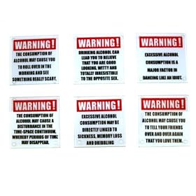 Click here to buy Alcohol Warning Glass Coasters (set of 4) by Kikkerland.