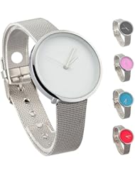 Fashion Minimalism Women Ladies Simplicity Stainless Steel Analog Quartz Wrist Watch (White Dial)