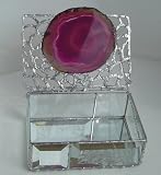Handcrafted Stained Glass Jewelry Box with Pink Brazilian Agate Slice and Rose Quartz Lid
