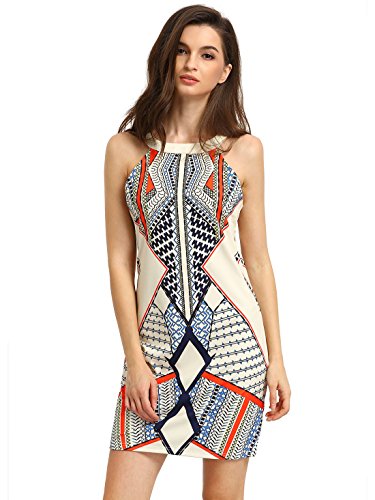 ROMWE Women's Cutaway Sleeveless Geometric Print Party Dress White M