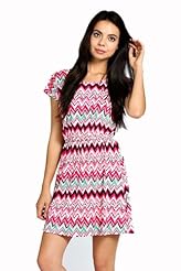 Chevron Print Scoop Neck Short Sleeves Polyester/Spandex Banding Flared-Skirt  Dress