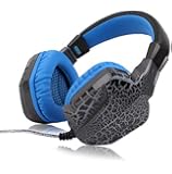 Vomach&reg; Dragon Crack Over-Ear Wired Stereo Gaming Headset with Hidden Mic, Passive Noise Canceling, Seven-color LED Light, Black+Blue