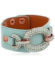 Betsey Johnson "Blue & Rose Gold Boost" Crystal Link Leather Snap Bracelet, 7.5"