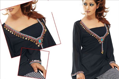 Travel Gear Bag Black Colour Wide neck Fabulous Designer Golden Beads Emb Work Ladies Dresses Blouses Tops/tunics
