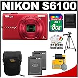 Nikon Coolpix S6100 16.0 MP Digital Camera (Red) with 8GB Card + (2) Batter ....