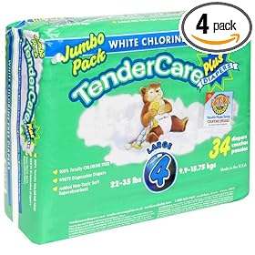 TenderCare Diapers Plus Jumbo Pack, Size 4 - Large (22-35lbs), Case Pack, Four - 34 Count Packs (136 Diapers)