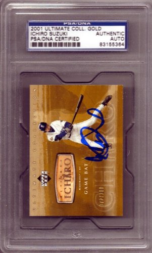 Ichiro Suzuki Autographed/Hand Signed 2001 UD Ultimate Collection Rookie Bat Card Holo & PSA/DNA #83