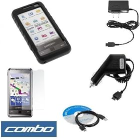 Black Durable Rubber Soft Silicone Skin Cover Case + Rapid Car Charger + Home Travel Charger + Clear Durable Reusable LCD Screen Protector + USB Data Cable for Verizon Samsung I900 I910 Omnia Smartphone