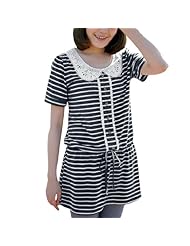 Cotton/Polyester Elasticized   Waistline Short Sleeves Striped Print Mini Dress 