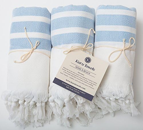 Kuru Towels - Turkish Home Towels - 100% Cotton Premium Quality Multipurpose Peshtemal- Fast Drying &amp; Easy Storage - Great for Bathrooms, Spa, Shower, Bath, after Exercise - Marine Sky Blue 3-pack