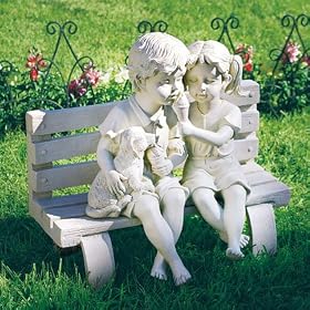 Kids And A Dog On A Bench Sharing Ice Cream Statue