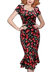 V-neck General Print Cotton/Spandex Cocktail Above the Knee Mermaid Vintage Party Dress 