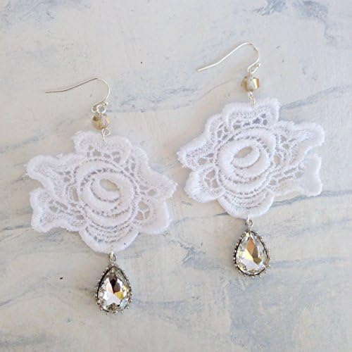 Silver Plated White Flower Lace Earrings with Champagne Crystals and Teardrop Rhinestones
