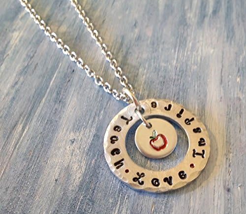 Teach-Love-Inspire Hand Stamped Aluminum Washer Style Necklace with stamped Apple Charm | Gift for Teacher