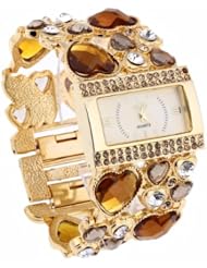 Women Quartz Wristwatch Bracelet Gold Alloy Band Yellow Rhinestone Heart