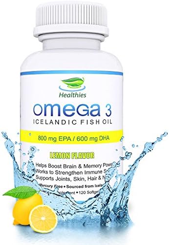 Healthies Omega 3 Icelandic Fish Oil - Natural Lemon Flavor - Maximum Strength 800 mg EPA &amp; 600 mg DHA per Serving- 120 ct - Molecularly Distilled, Mercury Free, GMO Free, Omega 3 Fatty Acids