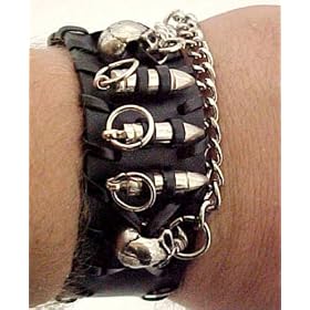 Black Leather Skulls and Bullets Wristband Metal Punk