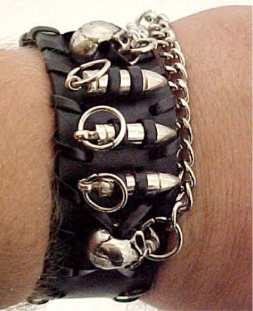 Click here to buy Black Leather Skulls & Bullets Wristband Metal Punk by Coolstuff4U.