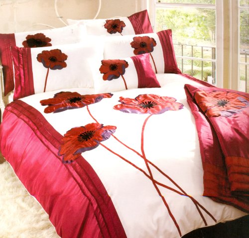 Matching Bedrooms Premium Range Applique, Embellished & Embroidered Double Size Duvet Cover Set with 3D Flower Effect Red