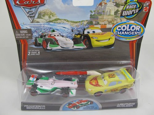 OUTER PACKAGE HAS SHIPPING CREASES ON RIGHT SIDE OF PLASTIC BLISTER....Race Around the World Edition Disney / Pixar CARS 2 Movie 1:55 Scale Exclusive Color Changers 2 Pack Francesco Bernoulli & Lightning McQueen