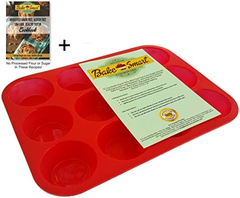 12 Cup Silicone Muffin &amp; Cupcake Baking Pan / Non Stick / Dishwasher/Microwave Safe from Bake Smart Cookware. Moist &amp; Delicious Baking! Grain Free Recipe eBook Included for a Healthy Lifestyle! (Red)