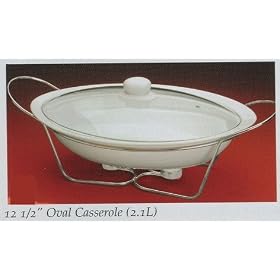 Gibson Cuisine Essentials Oval Casserole White Bakeware in Wire Rack by visiondecor Furniture