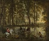 The Perfect Effect Canvas Of Oil Painting 'Jan Hackaert And Nicolaes Berchem A Stag Hunt In A Forest ' ,size: 24 X 29 Inch / 61 X 73 Cm ,this Cheap But High Quality Art Decorative Art Decorative Prints On Canvas Is Fit For Powder Room Gallery Art And Home Artwork And Gifts