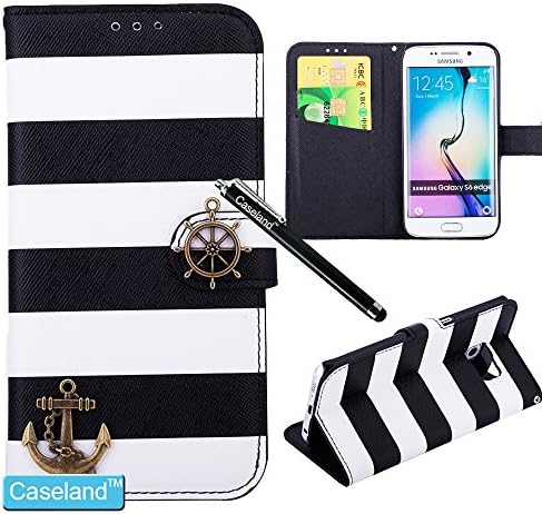 Galaxy S6 Edge Case,Galaxy S6 Edge Wallet Case , by Caseland [Rainbow Anchors] PU Leather Flip Case Folio Stand Magnetic Buckle Cover for Galaxy S6 Edge G9250 [Black White]