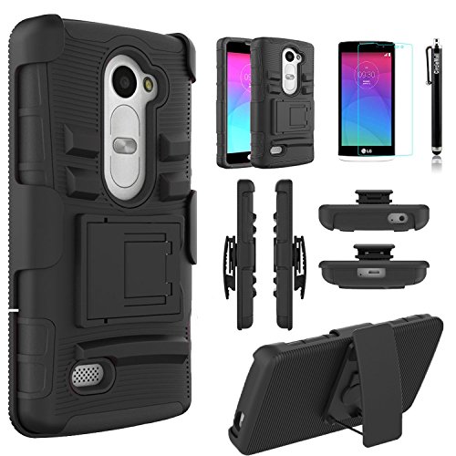 LG Leon Case, LG Power Case, Combo Rugged Shell Cover Holster with Built-in Kickstand and Holster Locking Belt Clip Black + Circle(TM) Stylus Touch Screen Pen