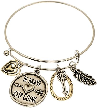 Be Brave Keep Going Heart &amp; Arrow Wire Charm Bangle Bracelet