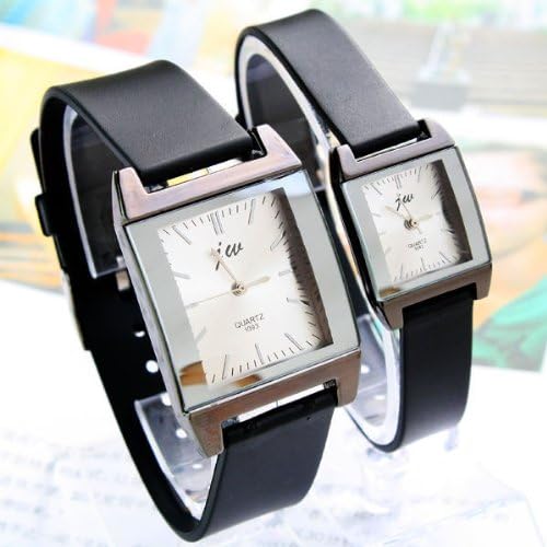 Black Leather Strap Square Dial Steel Bezel Gift Watch For Pair Couple Lover-White
