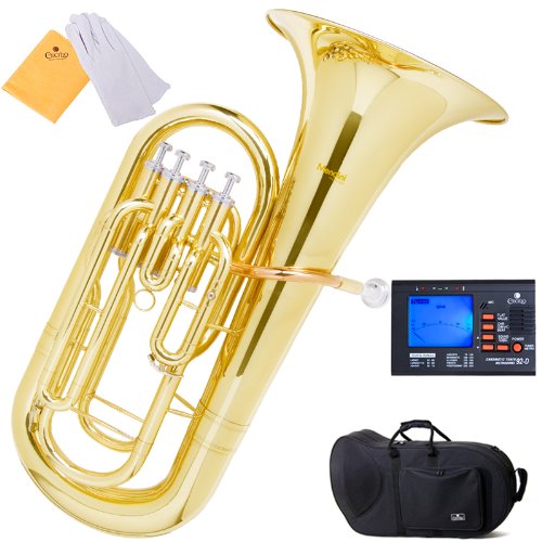 Mendini MEP-L Gold Lacquer with Rose-Brass Lead Pipe B Flat Euphonium w Case and Chromatic Tuner with Metronome